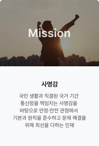 Mission 사명감. 국민 생활과 직결된 국가 기간통신망을 책임지는 사명감을
                            바탕으로 안정·안전 
                            관점에서 기본과 원칙을
                            준수하고 문제 해결을
                            위해 최선을 다하는 인재